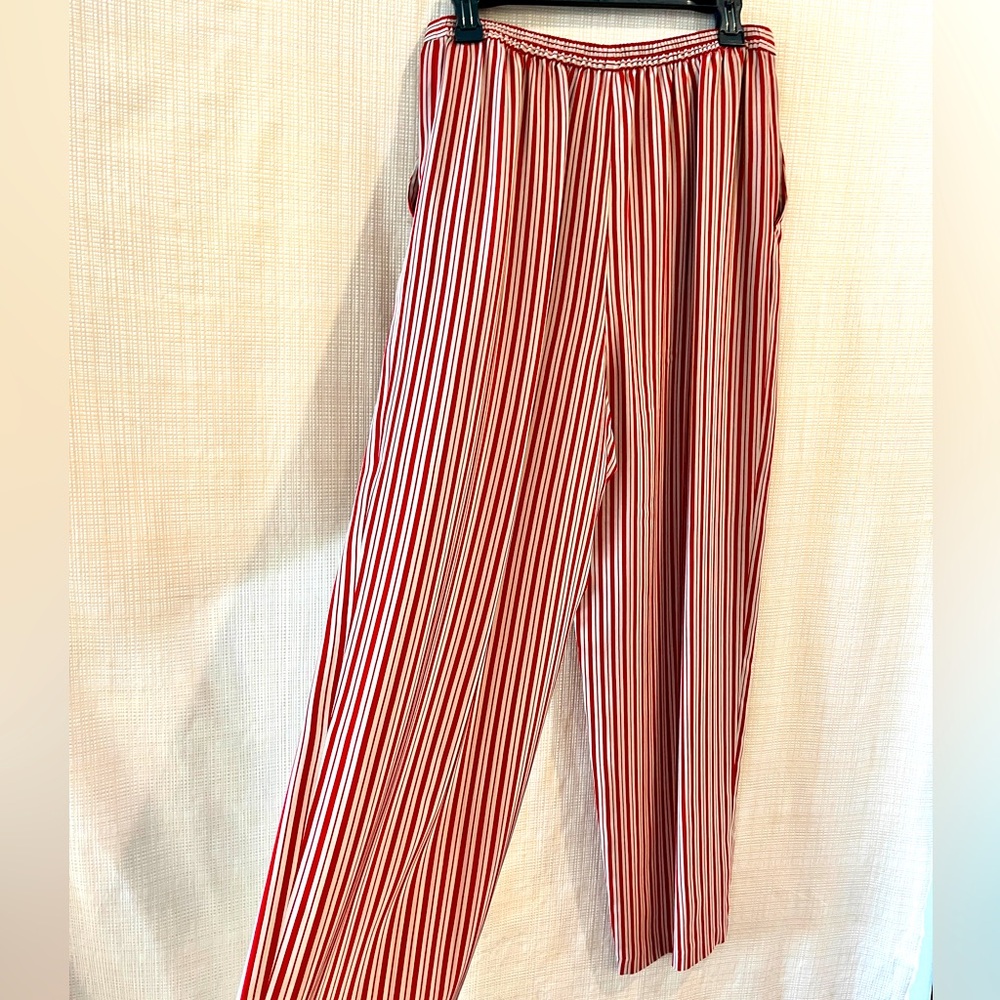 100% Silk Striped High Rise Relaxed Pants Red and Tan Vintage 90s Minimalist - Picture 7 of 16